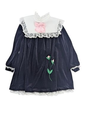 Vintage Bonnie Jean Velvet Tunic Dress with Pink Bow and Floral Appliqué Size 6